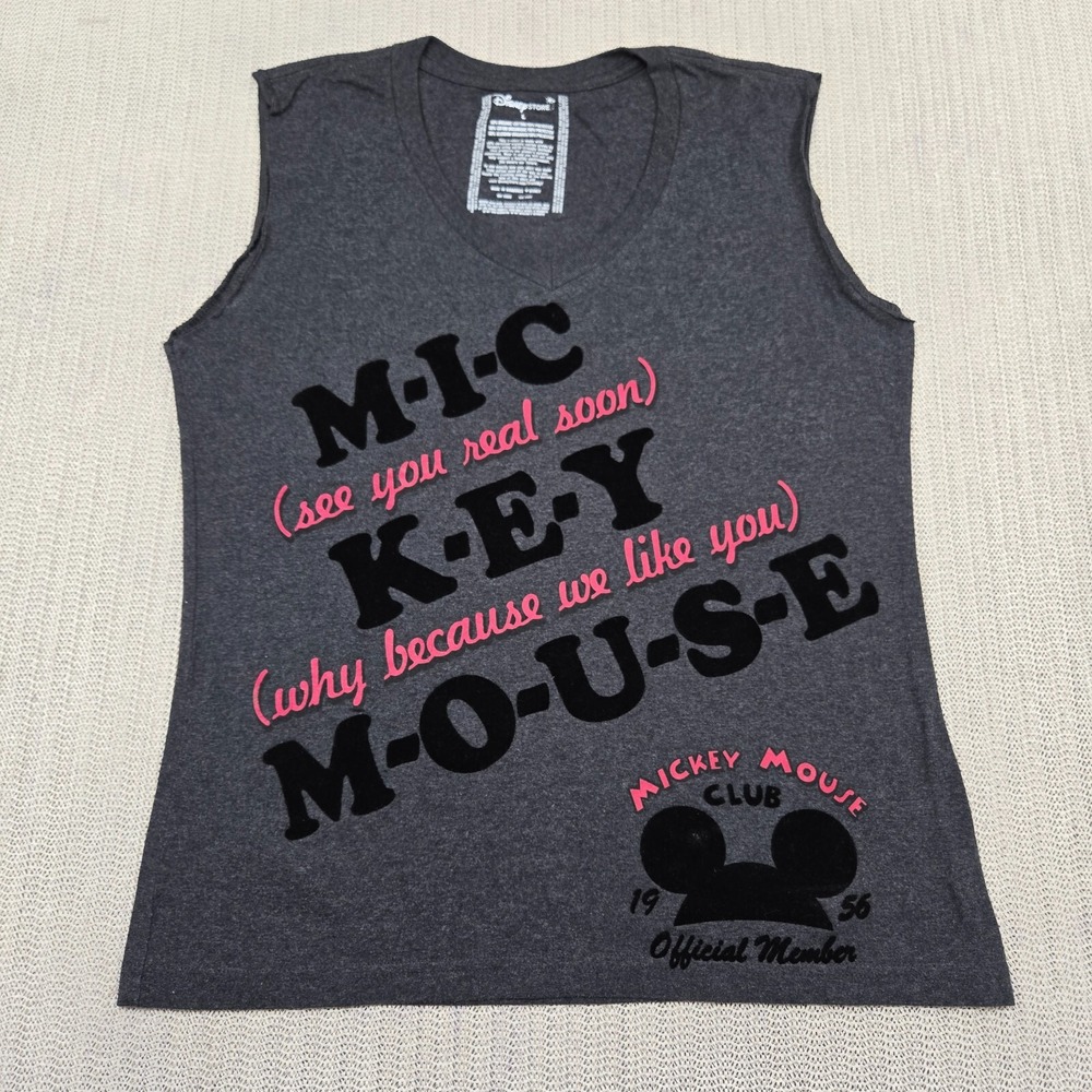 Disney Mickey Mouse Club Shirt Womens Large Gray Sleeveless Velvet V-Neck